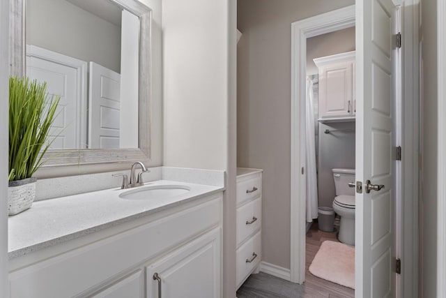 bathroom with vanity, toilet, and hardwood / wood-style floors