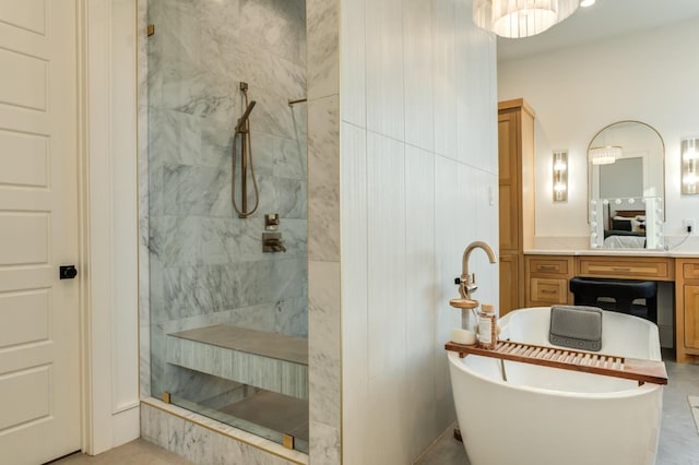 7722 47th St, Lubbock, TX 79407 - bathroom featuring walk in shower, a soaking tub, ensuite bathroom, and vanity