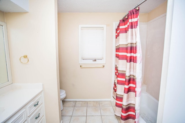 full bathroom featuring shower / tub combo with curtain, tile patterned floors, toilet, a textured ceiling, and vanity