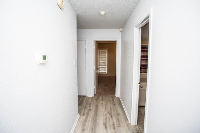 hallway featuring a textured ceiling and light hardwood / wood-style flooring