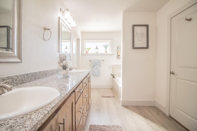 bathroom featuring vanity, hardwood / wood-style flooring, and a tub