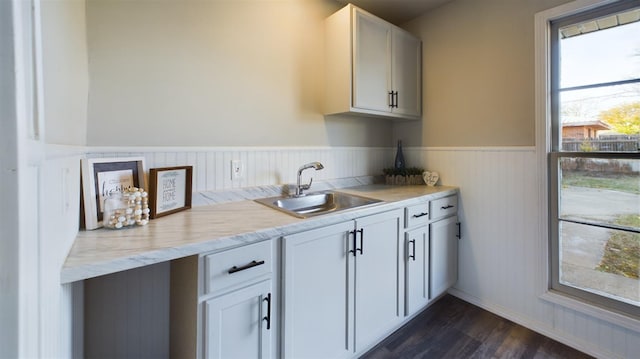 kitchen with white cabinetry, dark hardwood / wood-style flooring, light stone countertops, and sink