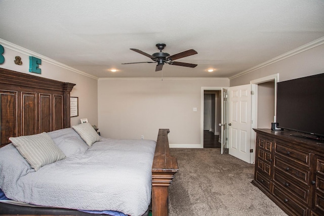 carpeted bedroom featuring crown molding and ceiling fan