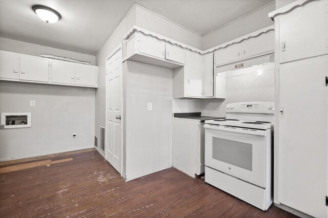 kitchen featuring dark hardwood / wood-style flooring, backsplash, white cabinets, and white range with electric stovetop