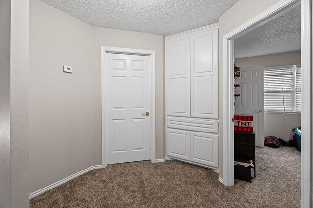 hall with carpet flooring and a textured ceiling