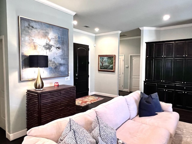 interior space featuring dark hardwood / wood-style flooring and ornamental molding