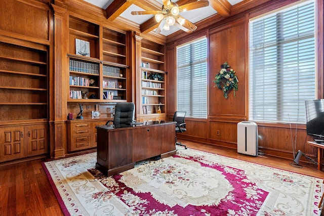 office area with beamed ceiling, coffered ceiling, a wealth of natural light, and wood walls