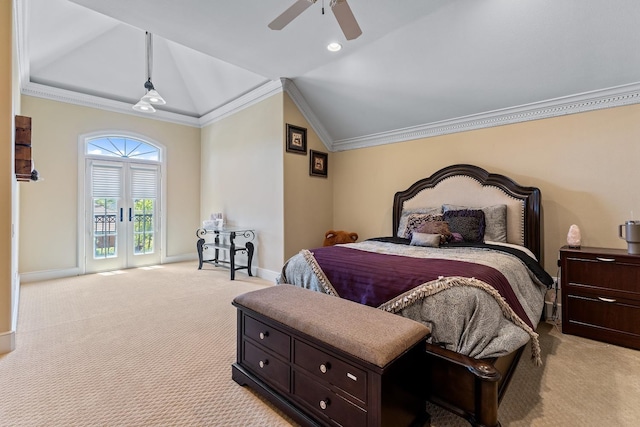 bedroom featuring lofted ceiling, ornamental molding, light colored carpet, access to exterior, and ceiling fan