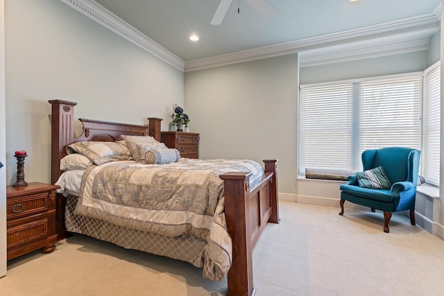 bedroom with light carpet, crown molding, multiple windows, and ceiling fan