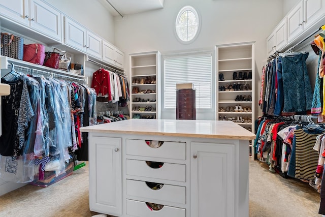 spacious closet featuring light colored carpet