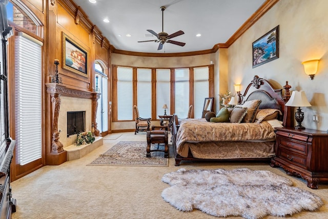 carpeted bedroom with crown molding and a premium fireplace