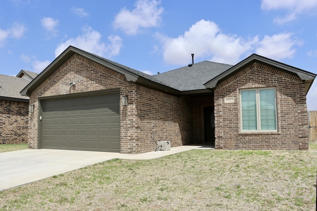 6952 24th St, Lubbock, TX 79407 - ranch-style house featuring brick siding, a garage, roof with shingles, a front yard, and concrete driveway