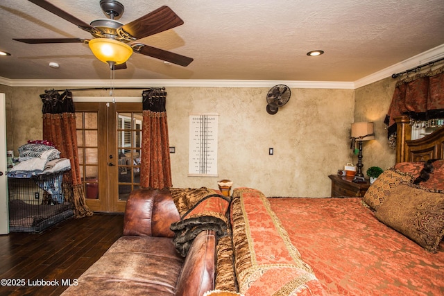 610 N 20th St, Lamesa, TX 79331 - bedroom featuring hardwood / wood-style flooring, a textured ceiling, ornamental molding, and french doors
