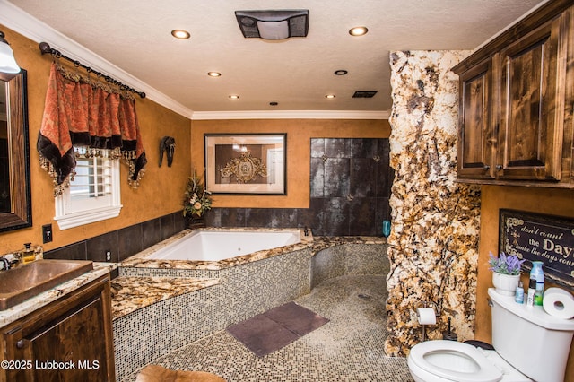 610 N 20th St, Lamesa, TX 79331 - full bath with a garden tub, vanity, recessed lighting, walk in shower, and crown molding