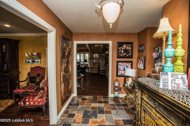 610 N 20th St, Lamesa, TX 79331 - hall featuring dark stone finish floors and a textured ceiling