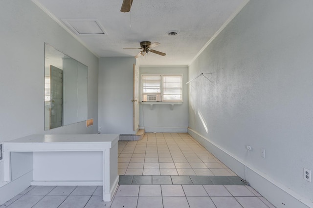 interior space featuring crown molding, ceiling fan, tile patterned floors, and cooling unit