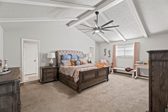 bedroom featuring lofted ceiling with beams, ceiling fan, carpet floors, and a textured ceiling