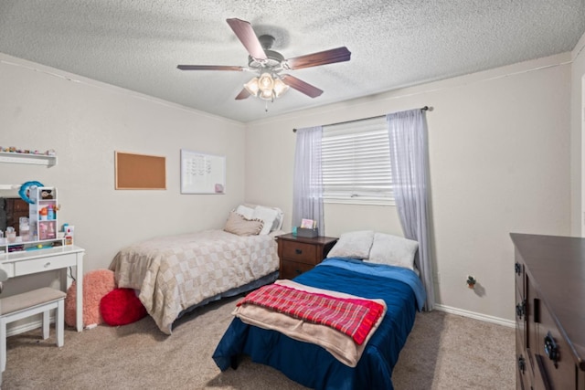 bedroom featuring ceiling fan, light colored carpet, and a textured ceiling