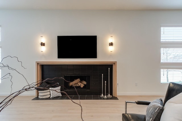 living room featuring hardwood / wood-style floors and a fireplace