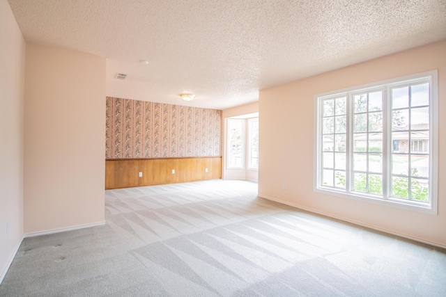 5720 71st St, Lubbock, TX 79424 - empty room with carpet floors, a textured ceiling, wood walls, and wallpapered walls