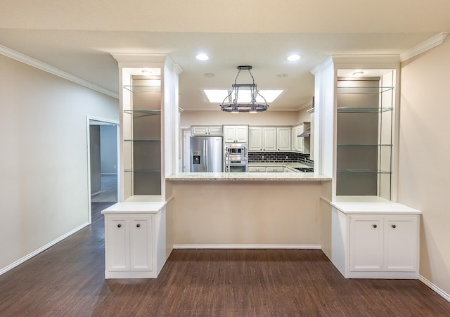 kitchen with ornamental molding, white cabinets, a peninsula, and stainless steel fridge with ice dispenser