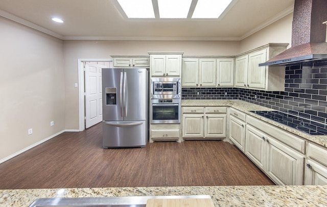 kitchen with custom exhaust hood, tasteful backsplash, ornamental molding, appliances with stainless steel finishes, and dark hardwood / wood-style flooring