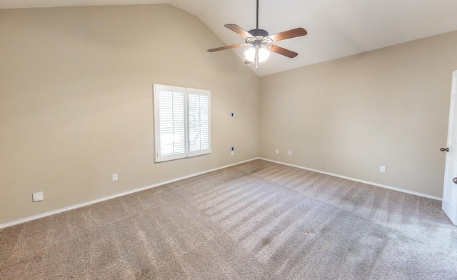 spare room featuring high vaulted ceiling, carpet, baseboards, and a ceiling fan