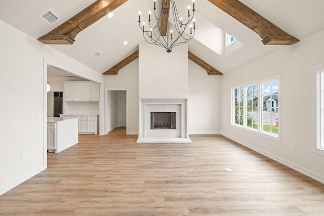 unfurnished living room with high vaulted ceiling, beam ceiling, and light hardwood / wood-style floors