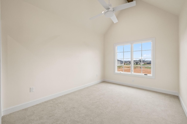 unfurnished room featuring ceiling fan, light carpet, and high vaulted ceiling