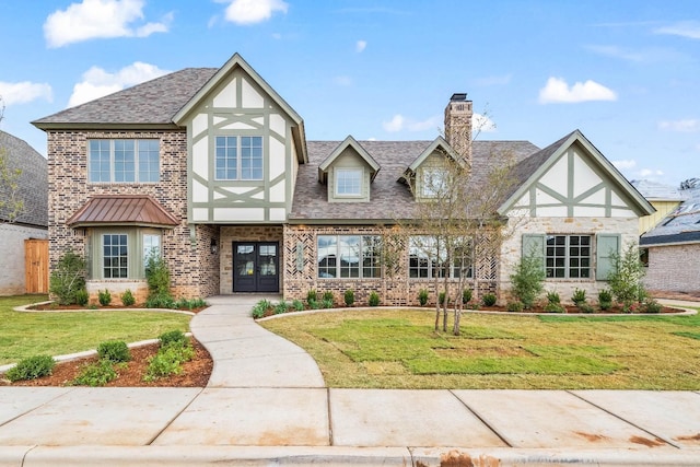 tudor-style house with a front yard and french doors