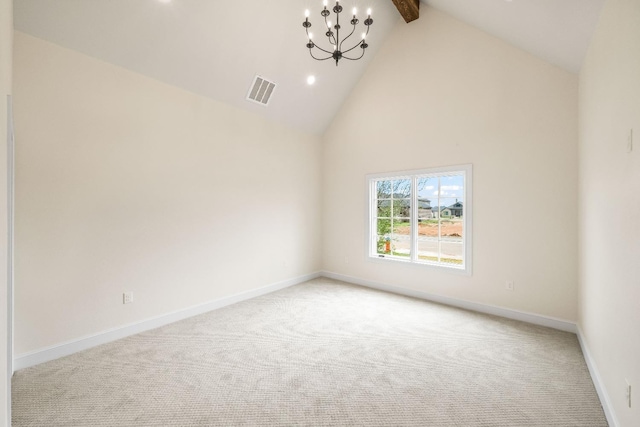 spare room with an inviting chandelier, beam ceiling, high vaulted ceiling, and light carpet