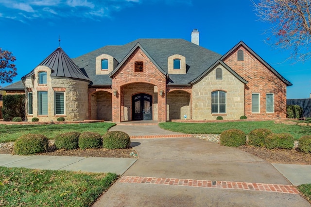 french country style house featuring french doors and a front yard