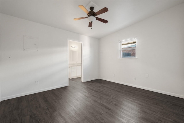 unfurnished room with ceiling fan and dark hardwood / wood-style flooring