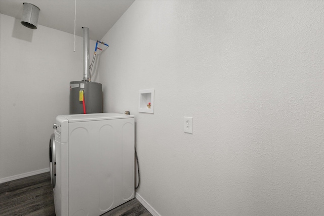 washroom featuring washer / clothes dryer, dark wood-type flooring, and water heater