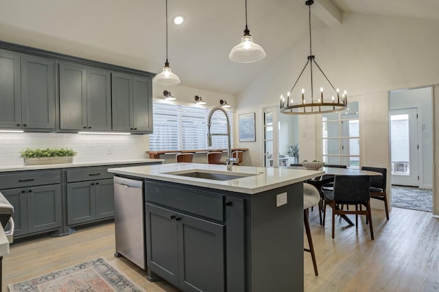 kitchen with pendant lighting, sink, gray cabinets, an island with sink, and stainless steel dishwasher