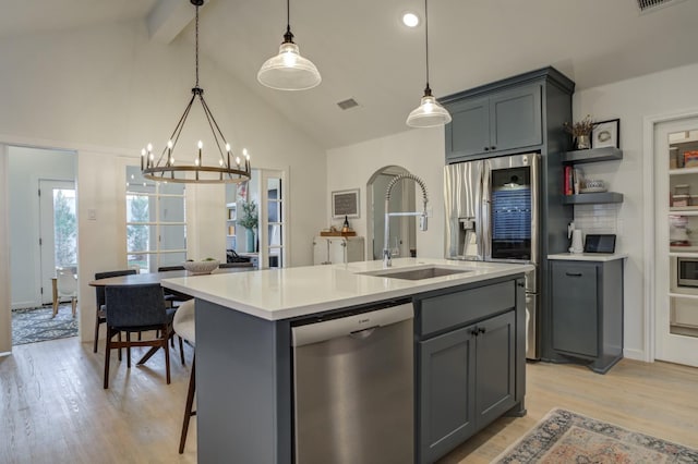 kitchen with appliances with stainless steel finishes, pendant lighting, sink, gray cabinetry, and a center island with sink