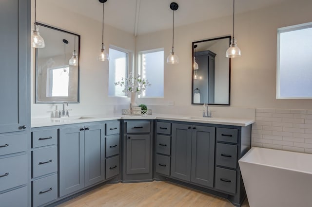 bathroom featuring vanity, hardwood / wood-style floors, and a washtub