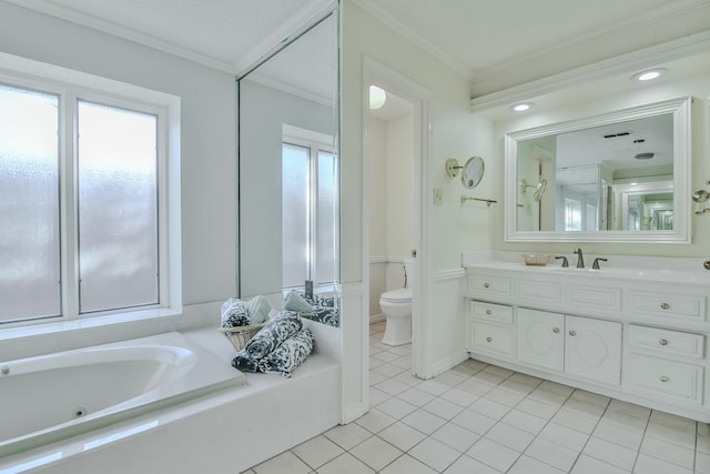 bathroom with a tub to relax in, tile patterned floors, toilet, ornamental molding, and vanity