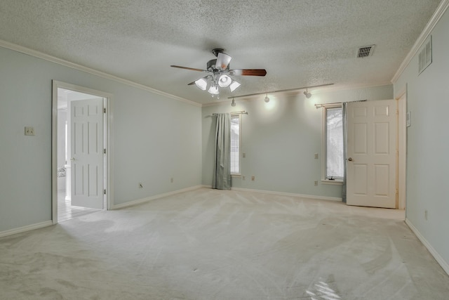 spare room featuring ceiling fan, ornamental molding, light carpet, and a textured ceiling