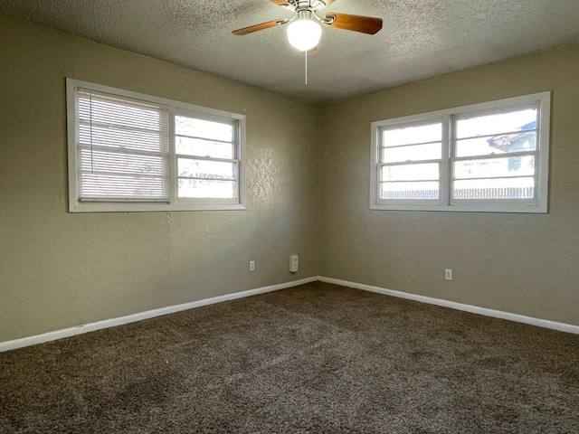 spare room with ceiling fan, a wealth of natural light, a textured ceiling, and carpet flooring