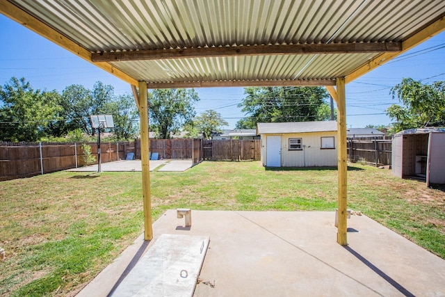 view of patio / terrace featuring a storage shed