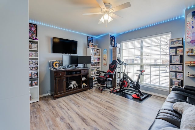 living room featuring a wealth of natural light, ceiling fan, and light wood-type flooring