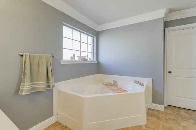 bathroom featuring a tub to relax in and crown molding