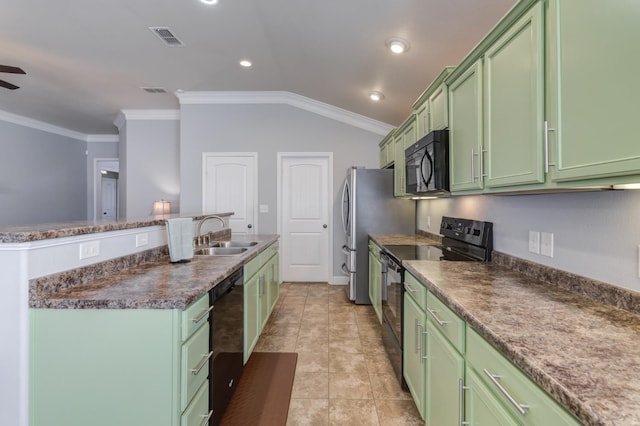 kitchen with lofted ceiling, sink, ornamental molding, green cabinets, and black appliances