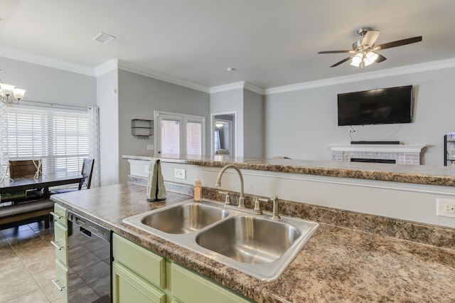 kitchen with light tile patterned flooring, black dishwasher, sink, ornamental molding, and green cabinets