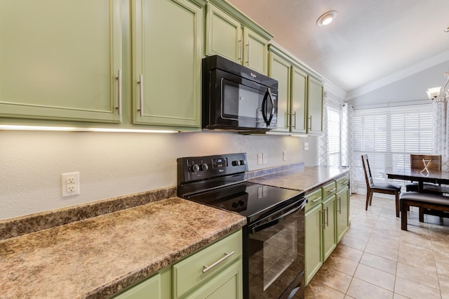 kitchen featuring lofted ceiling, light tile patterned floors, green cabinets, black appliances, and a chandelier