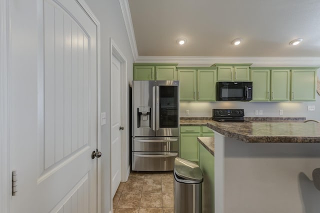 kitchen featuring crown molding, black appliances, and green cabinets