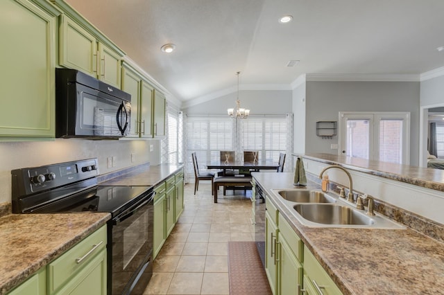 kitchen with vaulted ceiling, sink, hanging light fixtures, green cabinets, and black appliances