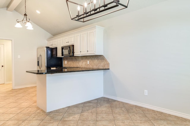 kitchen featuring lofted ceiling with beams, white cabinetry, decorative backsplash, hanging light fixtures, and stainless steel refrigerator with ice dispenser