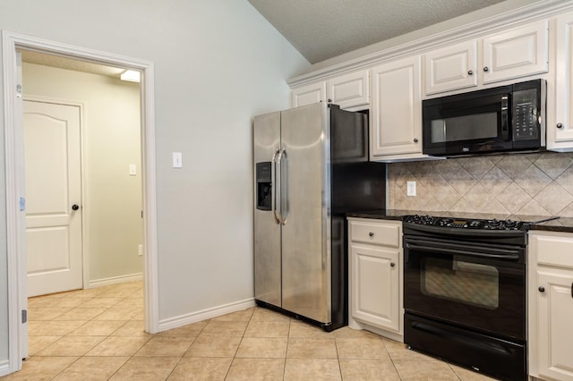 kitchen with white cabinets, light tile patterned floors, decorative backsplash, and black appliances